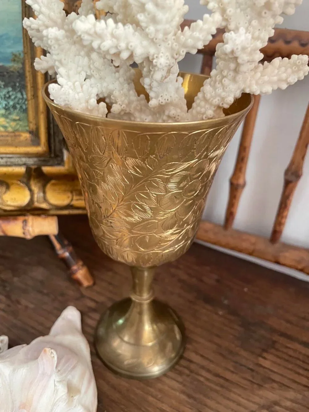 3 piece Vintage Brass Decor Collection Hammered Brass Bowl, Goblet & cachepot